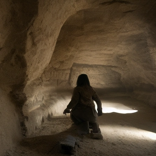 Cinematic wide shot of a brilliant female archaeologist