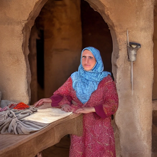 Cinematic wide shot of a young, determined Arab woman in a traditional village setting, proudly holding a beautifully embroidered fabric. Her face shows confidence and quiet wisdom. Golden sunlight streams through an arched window, illuminating dust motes and emphasizing intricate textures. Old wooden tools and colorful threads are scattered around on a rustic table. Soft, warm lighting, shallow depth of field.
