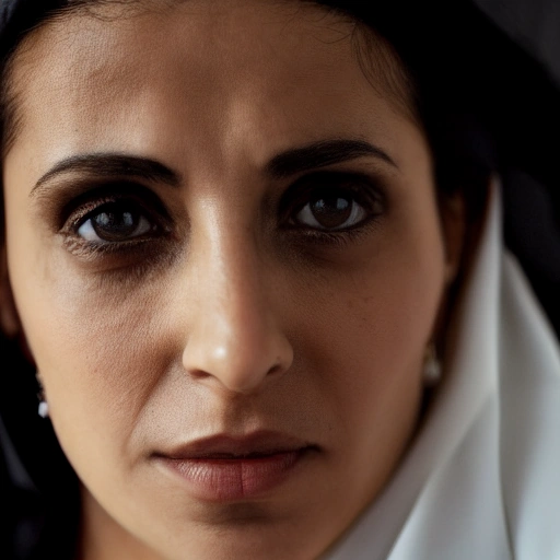 Cinematic close-up portrait of a determined and elegant Arab woman in her late