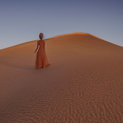 Cinematic shot of an ancient desert queen, regal and thoughtful, standing on a sand dune at dawn, observing the subtle signs of nature