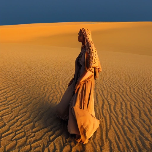 Cinematic shot of a majestic ancient queen, clad in desert-inspired robes, standing atop a golden sand dune at sunrise. She is looking intently towards a vast, dry desert landscape with an expression of profound wisdom and determination. Her hand lightly touches the sand. The light is soft and golden, highlighting ancient symbols faintly visible on nearby rocks.