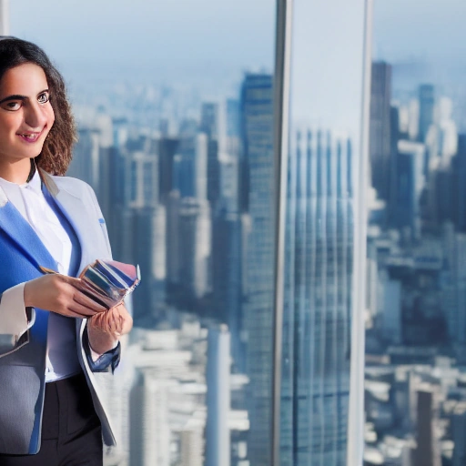 A strong, determined young Arab woman, dressed in professional attire, holding architectural blueprints with a confident smile. She stands in a modern, sunlit office with a panoramic view of a bustling, futuristic city skyline. Cinematic lighting, golden hour,