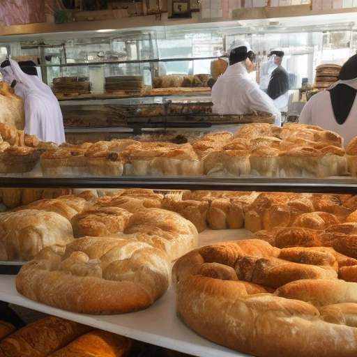 A cinematic, wide shot of a bustling, warm bakery interior. A radiant Arab woman in her