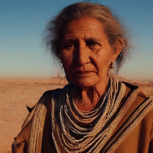 Cinematic shot of a wise ancient desert woman