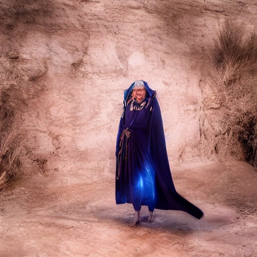 A wise elder woman, Layla, with ancient desert robes and intricate silver jewelry, stands beneath a vast, starlit desert sky. She is in the heart of an ancient oasis, surrounded by tall palm trees and a shimmering, moonlit pool. Her eyes are closed, head tilted slightly upwards, hands gently raised in a ritualistic gesture. The scene is bathed in ethereal, cinematic lighting with deep blues and purples, highlighting the magical and spiritual atmosphere. Dust motes are visible in the air.
