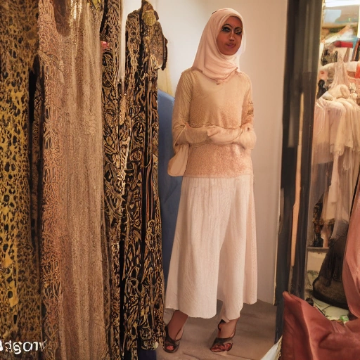 Cinematic wide shot of a determined young Arab woman, Mariam, in her modern, elegant fashion design studio. She stands confidently amidst racks of beautifully designed garments and intricate fabric patterns, with a beaming smile on her face. Soft, warm lighting highlights her features and the luxurious textures of the fabrics. The background shows hints of a thriving workshop. High resolution, photorealistic, inspiring.