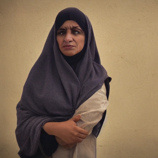 Cinematic, photorealistic wide shot of a determined Arab woman in her late