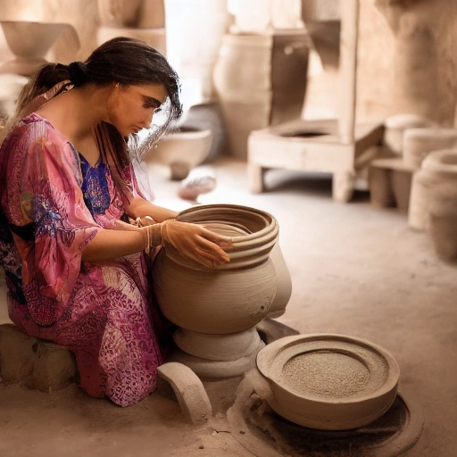 Cinematic shot of an Arab woman with determined eyes, her hands covered in clay, meticulously shaping a beautiful pottery vase on a pottery wheel in a warm, rustic yet modern studio. Golden hour lighting, shallow depth of field,