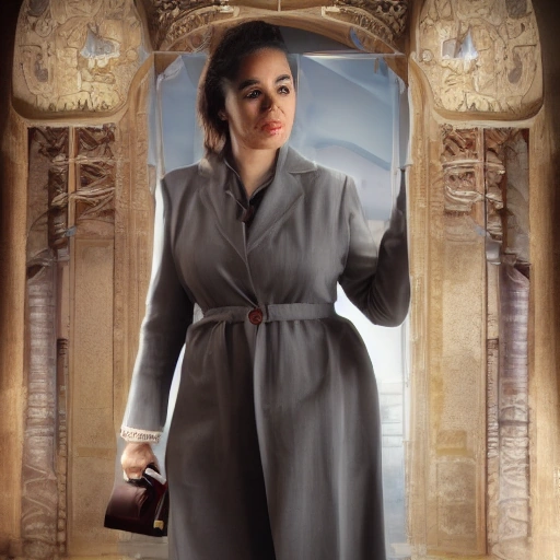 Cinematic shot of a clever female archivist, Dr. Laila, in her late