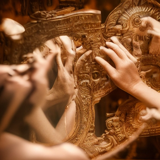 Cinematic close-up shot of a pair of elegant female hands, carefully brushing dust off an ornate, ancient wooden mirror frame, revealing subtle, mysterious ancient symbols underneath. The lighting is dramatic and moody, with dust motes dancing in shafts of light. Focus on the intricate details of the mirror frame and the woman