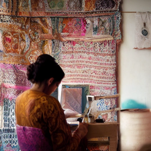 "من خيط الإرث إلى نسيج المستقبل" A captivating cinematic shot of a young Arab woman, Laila, in her modern, sunlit workshop. She is meticulously embroidering a piece of fabric with traditional patterns that also incorporate contemporary design elements. In the background, subtly blurred, are racks of beautifully embroidered textiles and a digital tablet displaying design sketches. Her expression is focused and determined, reflecting passion and dedication. The scene should convey a blend of heritage and innovation, empowerment, and success. Cinematic lighting, warm tones, shallow depth of field,