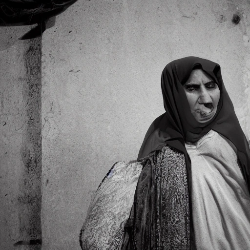 Cinematic wide shot of a determined Arab woman in her late