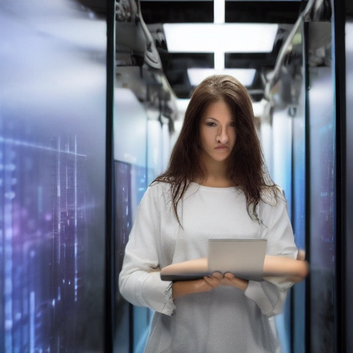 A clever female cybersecurity analyst, Layla, in a dark, tech-filled server room or in front of multiple glowing computer screens showing complex code and fragmented data. Her face is illuminated by screen light, reflecting intense concentration mixed with a hint of determination and apprehension. Cinematic lighting, deep shadows,