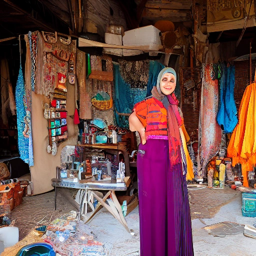 Cinematic wide shot of a determined young Arab woman, Amal, standing proudly in a vibrant, sun-drenched workshop filled with beautiful handcrafted items made from recycled materials. She is surrounded by other smiling women working diligently, creating a sense of community and empowerment. Golden hour lighting, warm colors, detailed textures of textiles and recycled art. Focus on resilience, creativity, and inspiring success.