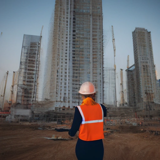 Cinematic shot of a determined Arab woman engineer standing confidently on a construction site at sunset, wearing a hard hat and safety vest, looking towards a modern building structure in the distance. Her face shows resilience and pride. Dynamic lighting,
