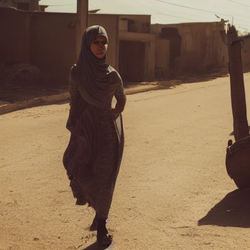 Cinematic wide shot of a determined young Arab woman