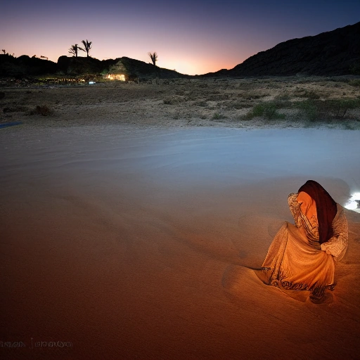 Cinematic wide shot of an ancient desert oasis at twilight. A lone, wise Arab woman, dressed in simple traditional attire, stands on a sand dune, gazing intently at a vast, star-filled sky. Her face is thoughtful and calm, illuminated by the soft glow of celestial bodies. In the background, a small, bustling ancient tribal encampment with palm trees and a newly discovered gushing water spring. Dramatic lighting,