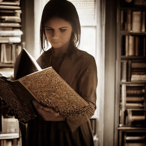 Cinematic shot of a determined young woman, Laila, in a dimly lit, dusty, opulent private library filled with towering bookshelves. She is holding an ancient, leather-bound manuscript, its pages slightly illuminated by a ray of light breaking through a high window. Dust motes dance in the air. Her face shows a mix of awe and resolve. Close up on the intricate details of the manuscript and her focused expression. Mystery, antique, historical, dramatic lighting,