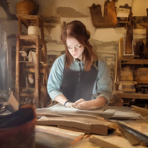 Cinematic wide shot of a brilliant female antique restorer, Layla, in a dimly lit, ancient workshop. She is intensely examining a cryptic, old parchment scroll found inside a hidden compartment of an
