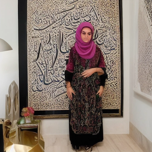 A successful Arab woman, Salma, in her elegant home studio filled with beautifully designed Arabic calligraphy artwork and modern tech gadgets