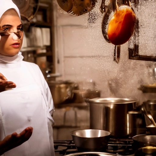 Cinematic close-up of a determined Arab female chef in her bustling, modern gourmet kitchen, looking proudly at a beautifully presented, steaming dish. Warm, inviting lighting, intricate details of ingredients and cooking utensils in the background. Photorealistic,
